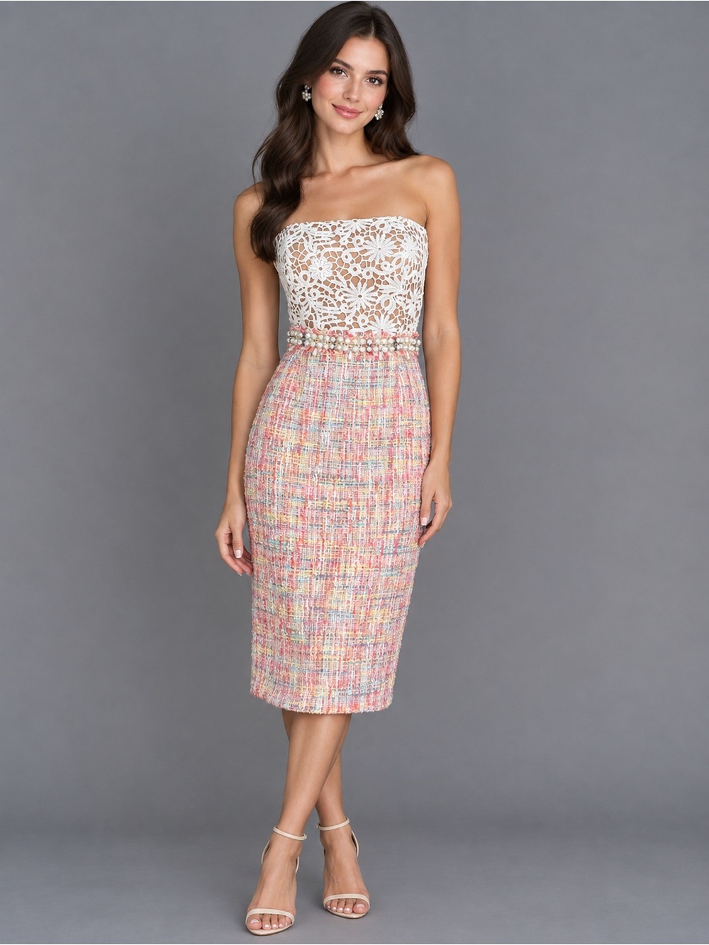 NEW WITH TAGS! Boston Proper Strapless Lace & Pastel Tweed Dress – Size 2